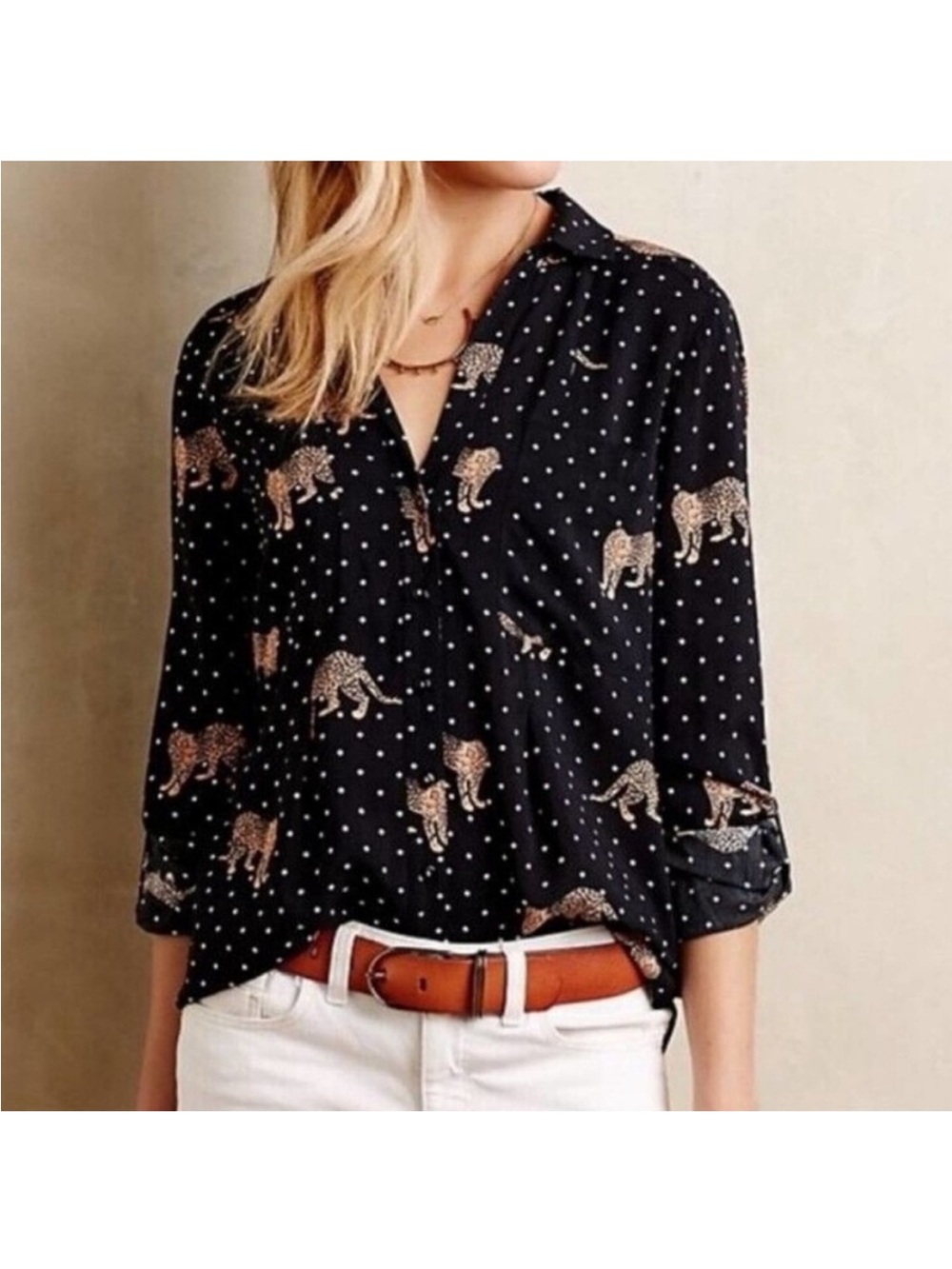 Anthropologie Maeve Casia Leopard Polka Button Down Top